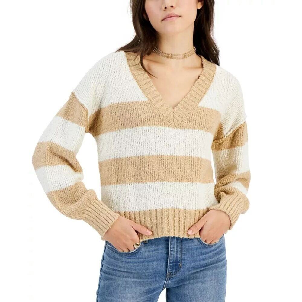 Hiippie Rose Junior's V-Neck Boucle Striped Sweater Size XL NWT